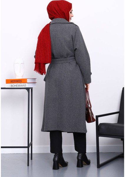 Füme Kruvaze Yaka Kuşaklı Kaşe Kaban fırsatları