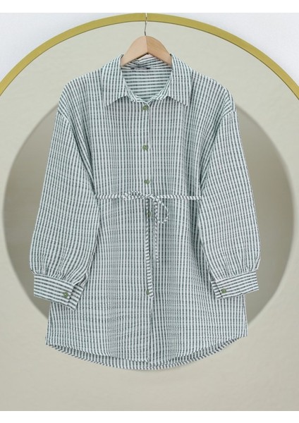 Alpaco Boydan Düğmeli Bağcıklı Çizgili Bürümcük Gömlek -Yeşil -Collectıon