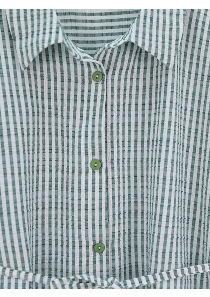 Alpaco Boydan Düğmeli Bağcıklı Çizgili Bürümcük Gömlek -Yeşil -Collectıon modelleri