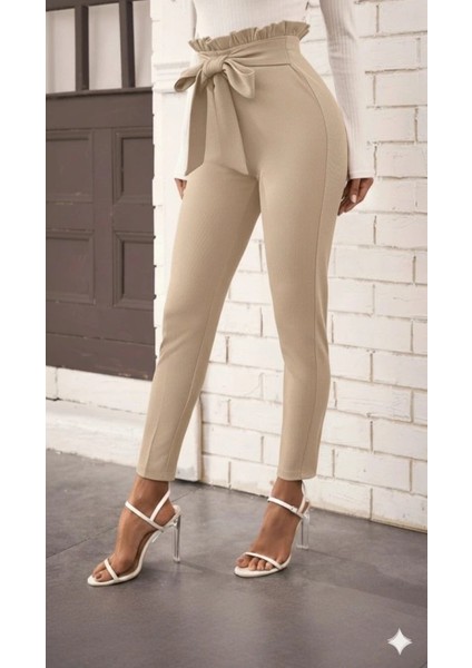 Kadın Yüksek Bel Beli Fırfırlı Önden Bağlamalı Ithal Krep Pantolon fiyatları