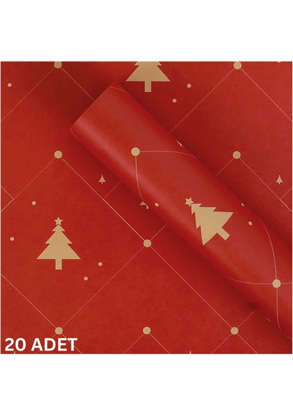 Yılbaşı Çam Desenli Çiçek Buket Kağıdı, Hediye Paketleme ve Ambalaj Kağıdı, Kırmızı, 20 ADET-58X58CM