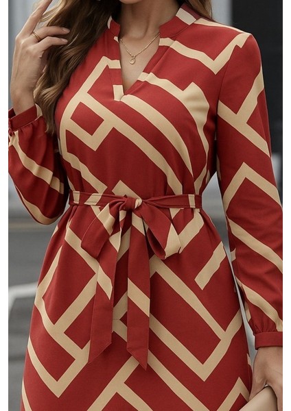 Kadın Uzun Kollu V Yakalı Desenli Belinde Kuşaklı Dalgıç Elbise fiyatları