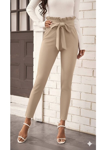 Kadın Yüksek Bel Beli Fırfırlı Önden Bağlamalı Ithal Krep Pantolon