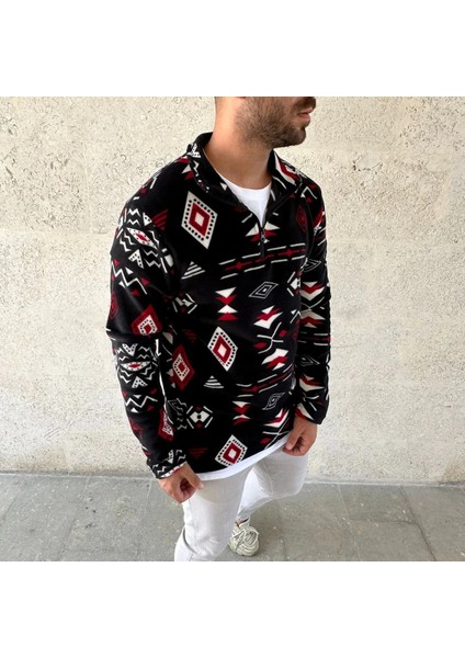 Erkek Yarım Fermuarlı Desenli Polar Sweat Tribal Etnik Desen Yakalı, Uzun Kollu, Oversize Rahat Kalıp, - Siyah fırsatları