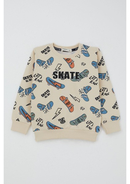 Erkek Çocuk Eşofman Takım Kaykay Desenli 3-7 Yaş, Krem