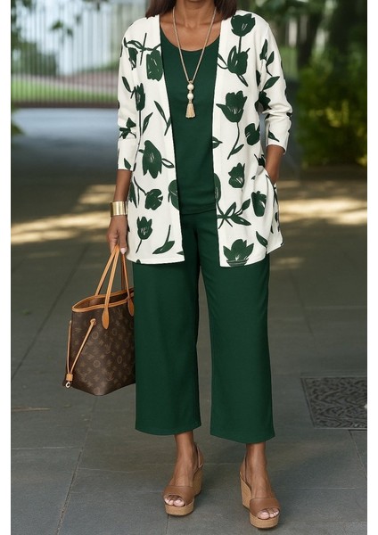 Kadın Uzun Kollu Önü Açık Modal Ceket Kolsuz Viskon Iki Iplik Bluz ve Pantolon Üçlü Takım modelleri