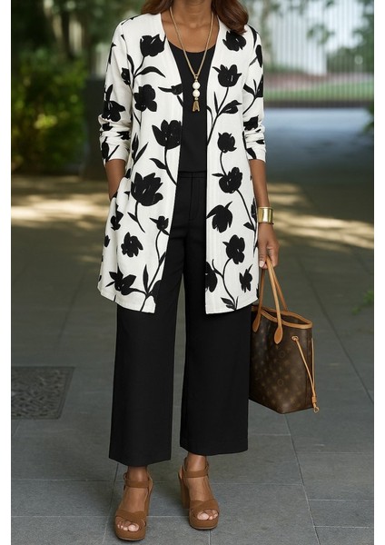 Kadın Uzun Kollu Önü Açık Modal Ceket Kolsuz Viskon Iki Iplik Bluz ve Pantolon Üçlü Takım