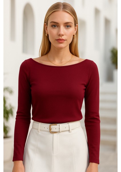 Kadın Bordo Kayık Yaka Uzun Kollu Bluz