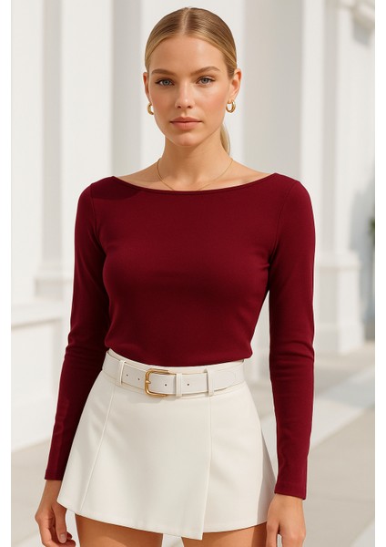 Kadın Bordo Kayık Yaka Uzun Kollu Bluz fiyatları