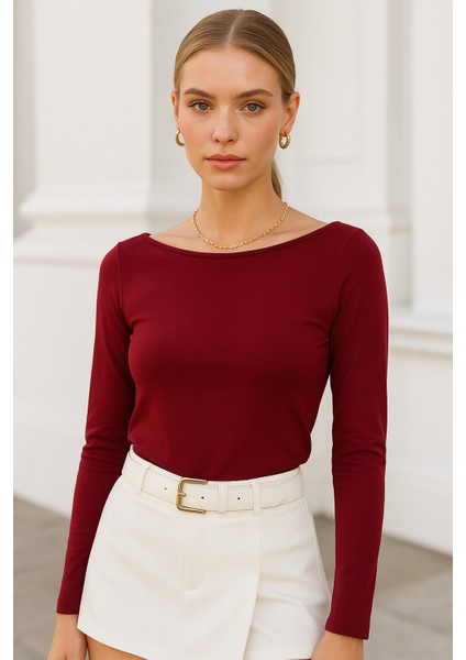 Kadın Bordo Kayık Yaka Uzun Kollu Bluz modelleri