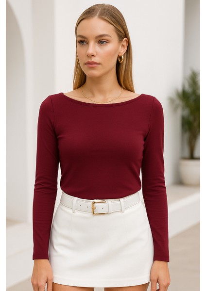 Kadın Bordo Kayık Yaka Uzun Kollu Bluz fırsatları