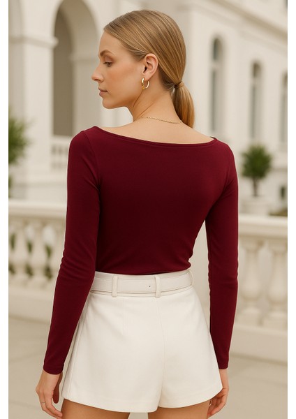 Kadın Bordo Kayık Yaka Uzun Kollu Bluz indirimleri