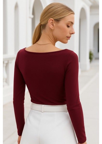 Kadın Bordo Kayık Yaka Uzun Kollu Bluz