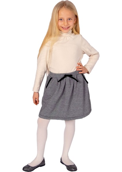 Kadife Biyeli Gri Pötikare Kışlık Kız Çocuk Etek