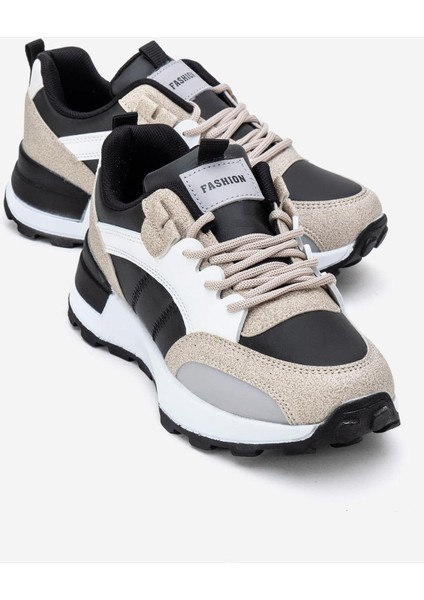 Bağcılklı Kadın Spor Ayakkabı Siyah Bej Beyaz