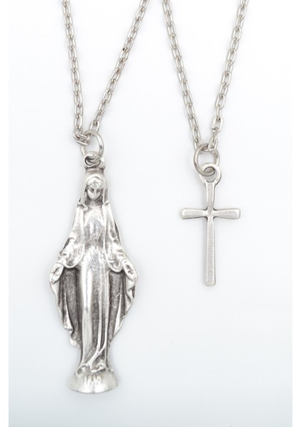 2'li Minimal Haç - Meryem Ana Gümüş Kaplama Kolye Seti