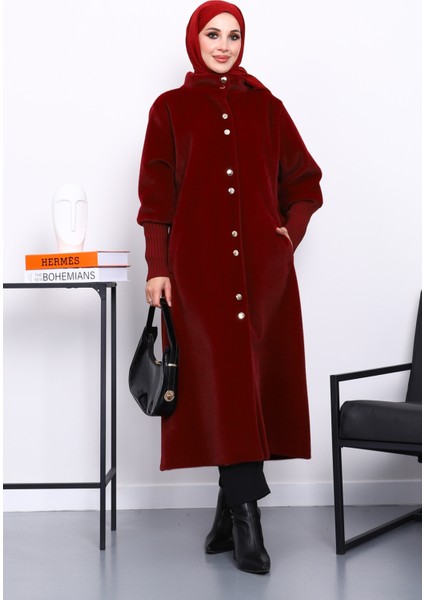 Bordo Düğmeli Angora Kaban