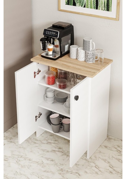 Dorta Mutfak Dolabı 2 Kapaklı 3 Raflı Kahve Köşesi Kiler Dolabı Beyaz Meşe
