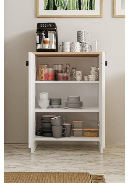 Dorta Mutfak Dolabı 2 Kapaklı 3 Raflı Kahve Köşesi Kiler Dolabı Beyaz Meşe fırsatları