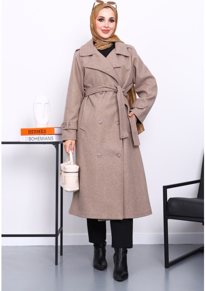 Koyu Bej Kruvaze Yaka Kuşaklı Kaşe Kaban fiyatları