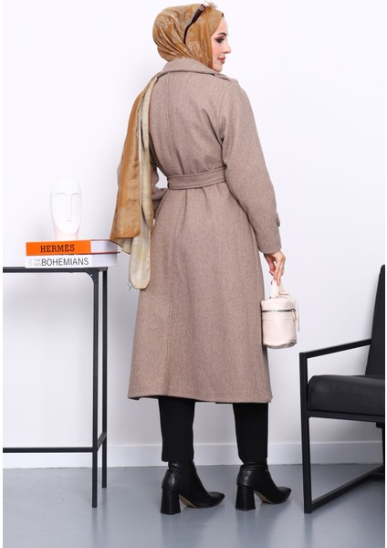 Koyu Bej Kruvaze Yaka Kuşaklı Kaşe Kaban fırsatları