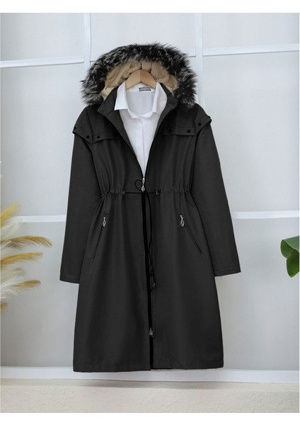 Alpaco Çıkma Kapşonlu Yıldız Metal Detaylı Kaban -Siyah -Collectıon