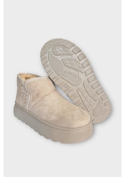 Süet Içi Kürklü Kalın Taban Kadın Bot Bej