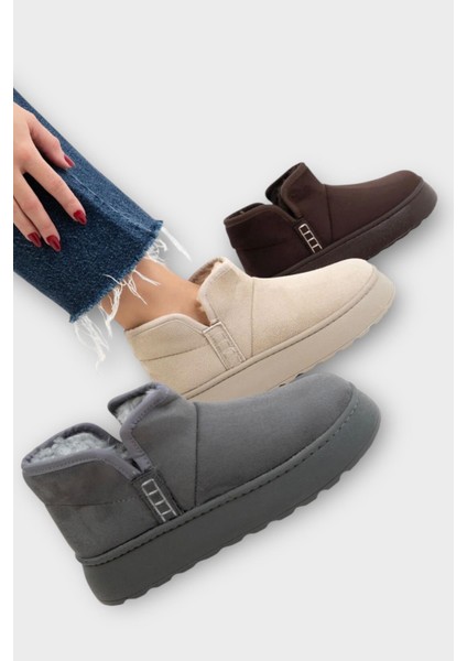 Süet Içi Kürklü Kalın Taban Kadın Bot Bej