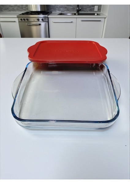 Kapaklı Borcam Kare Fırın Tepsisi Mikrodalga Bor Cam Tepsi Silikon Kapaklı 3200CC tekli borcam tepsi