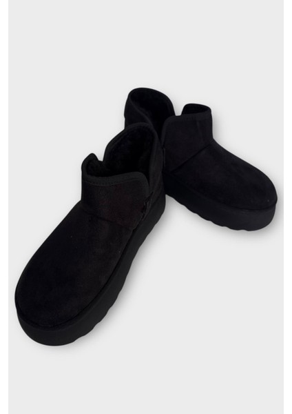 Süet Içi Kürklü Kalın Taban Kadın Bot Siyah