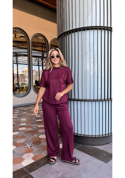 Kadın Kısa Kollu Bisiklet Yaka Omuzdan Düğmeli Viskon Iki Iplik Kısa Bluz ve Pantolon Ikili Takım