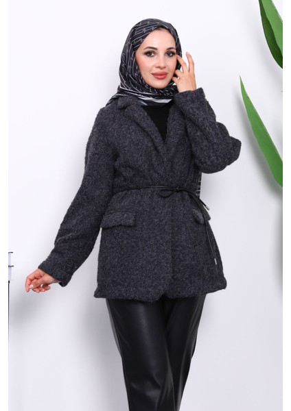Antrasit Bel Bağlamalı Cepli Keçe Ceket