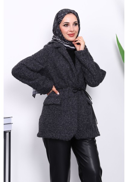 Antrasit Bel Bağlamalı Cepli Keçe Ceket modelleri