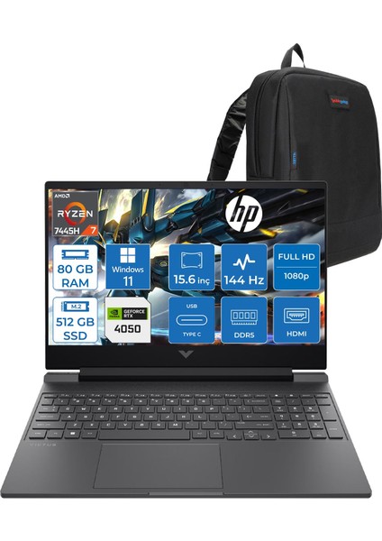 Victus Gaming Amd Ryzen 7-7445HS 80GB Ddr5 512GB SSD Rtx RTX4050/6GB 15.6" Fhd (1920 x 1080), 144 Hz, Ips, 300 Nits WIN11PRO Gaming Bilgisayar WBX9U9EAF27+ZETTAÇANTA