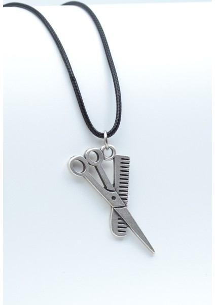 Berber - Makas - Tarak Gümüş Kaplama Deri İp Kolye