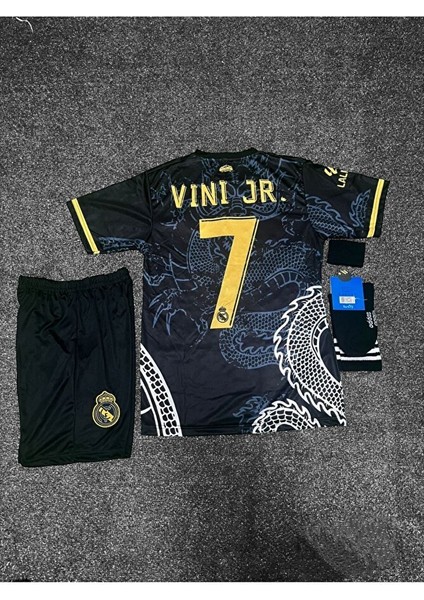 R.e.a.l M.a.d.r.i.d 2024/25 Yeni Sezon Vini Jr Dragon Desenli Çocuk Forması 3'lü Set (Black) modelleri