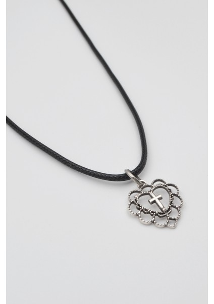 Kalp ve Haç Motifli Kolye - PU Deri İp Zincirli Unisex Gümüş Kaplama - 60 cm fiyatları