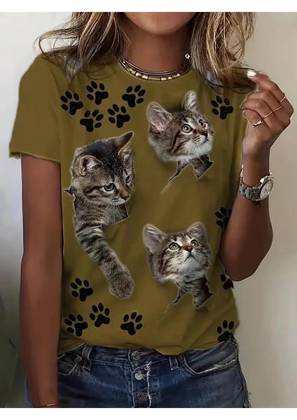Kadın Kısa Kollu Kedi ve Pati Baskılı Süprem T-Shirt