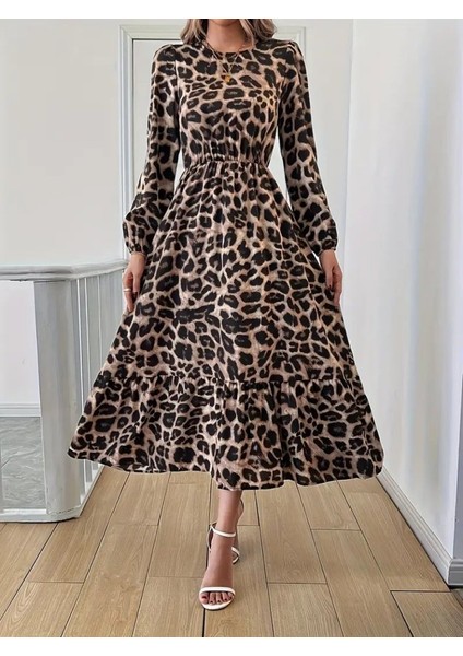 Uzun Kollu Bisiklet Yaka Leopar Desenli Midi Süprem Elbise modelleri