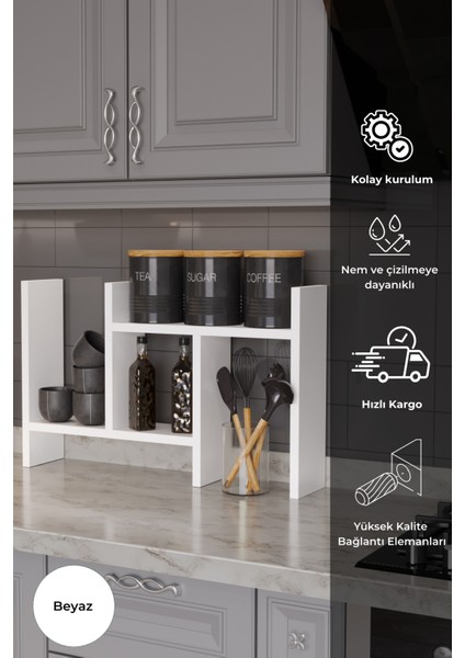 Lidya Çok Amaçlı Raf Mutfak Tezgah Üstü Organizer Banyo Mutfak Düzenleyici Beyaz