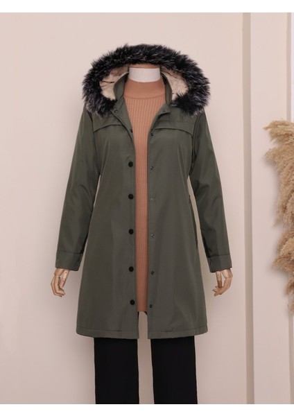 Alpaco Çıkma Kapşonlu Çıtçıtlı Cepli Kısa Kaban -Haki -Collectıon