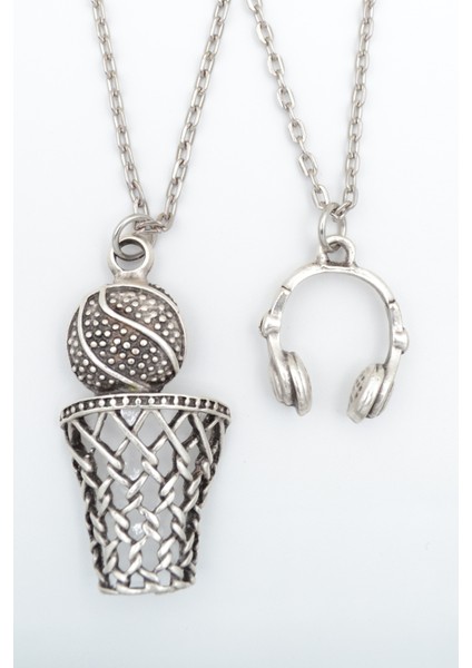 2'li Kulaklık - Basket Topu - File - Pota Gümüş Kaplama Kolye Seti