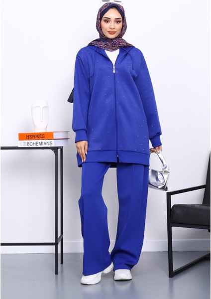 Saks Mavi Taşlı Scuba Tunik Pantolonlu Takım