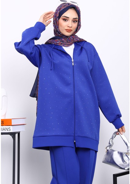 Saks Mavi Taşlı Scuba Tunik Pantolonlu Takım modelleri