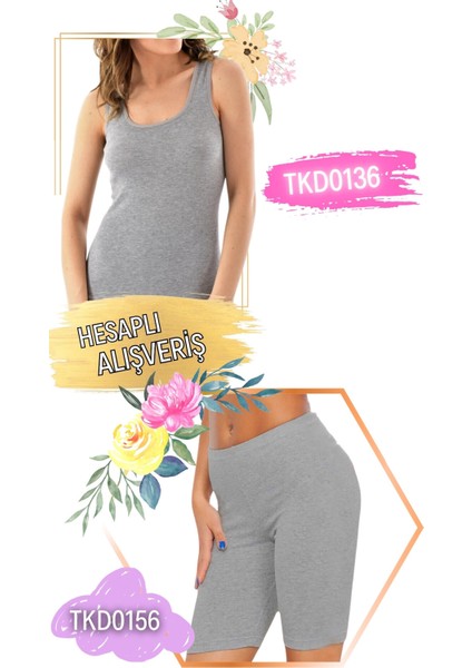 Kadın Ribana Geniş Askılı Atlet ve Diz Boy Kısa Tayt Takım 6'lı Set (12 Parça) TKD0136 - TKD0156