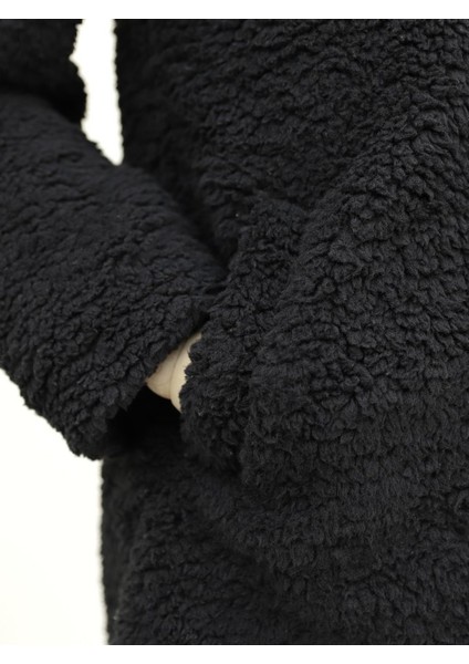 Alpaco Çift Düğmeli Astarlı Yan Cepli Peluş Kaban -Siyah -Collectıon fırsatları
