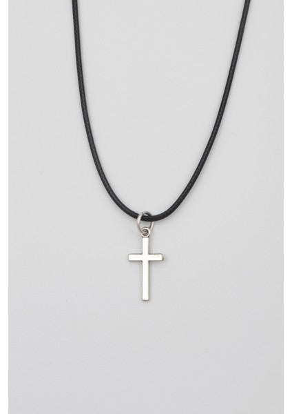Minimalist Haç Kolye - PU Deri İp Zincirli Unisex Gümüş Kaplama - 60 cm