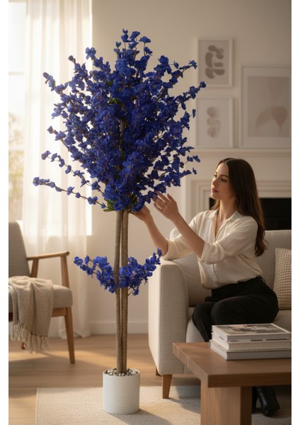 Beyaz Renkli Saksıda 150 cm Yapay Bahardalı Ağacı Yoğun Yaprak