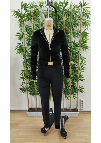 Eyesof Kadın Uzun Kollu Önden Fermuar Detaylı Kemerli Kadife Tulum