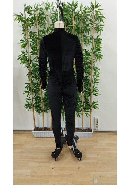 Eyesof Kadın Uzun Kollu Önden Fermuar Detaylı Kemerli Kadife Tulum